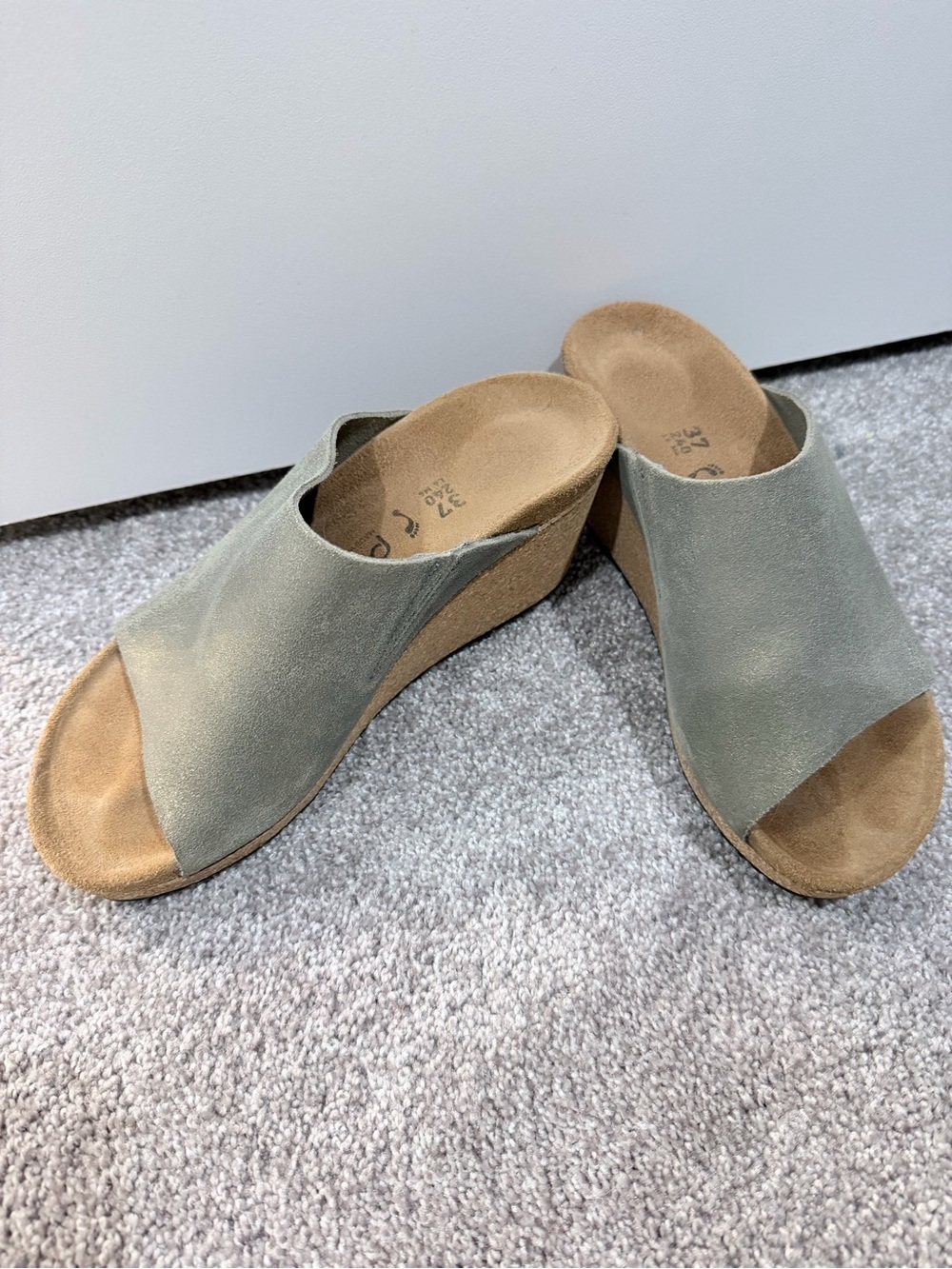Papillio Metallic Gray Suede Cork Wedge Mules